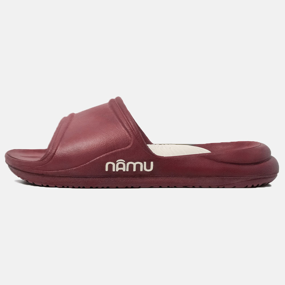 Maroon slide sandal with 'namu' branding on a white background