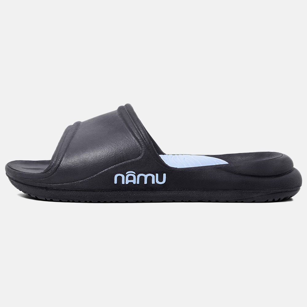 Black slide sandal with 'namu' branding on a white background