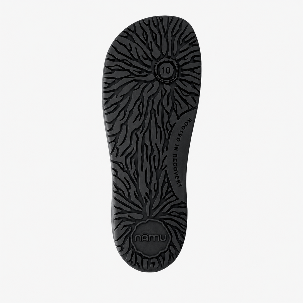 Black shoe sole with zebra pattern and 'Namu' branding on a white background