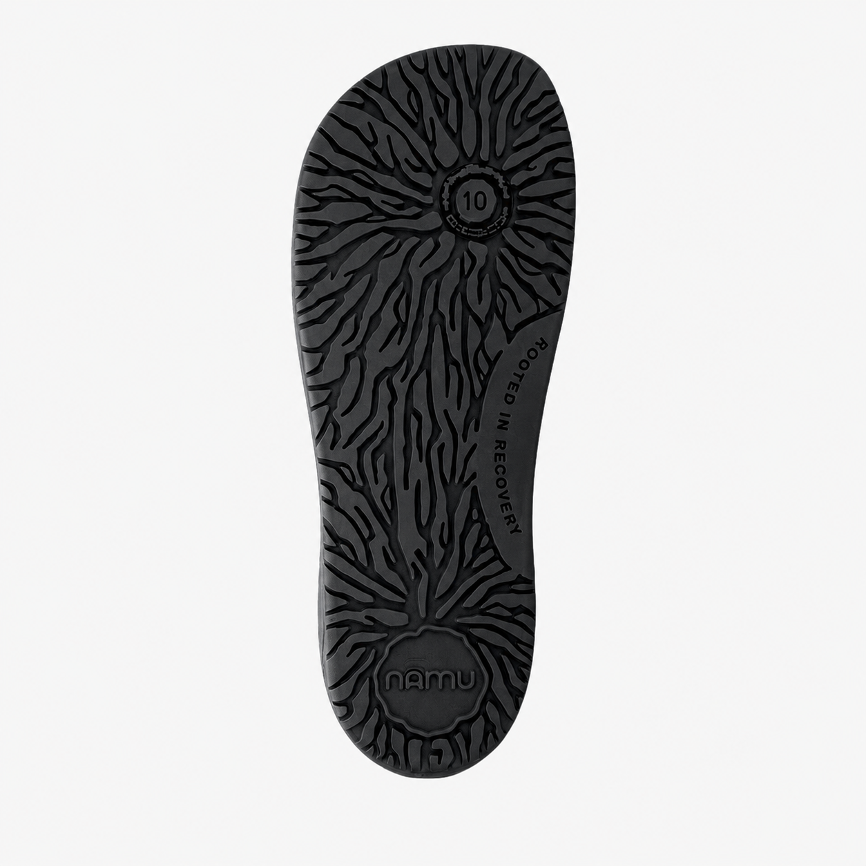 Black shoe sole with zebra pattern and 'Namu' branding on a white background